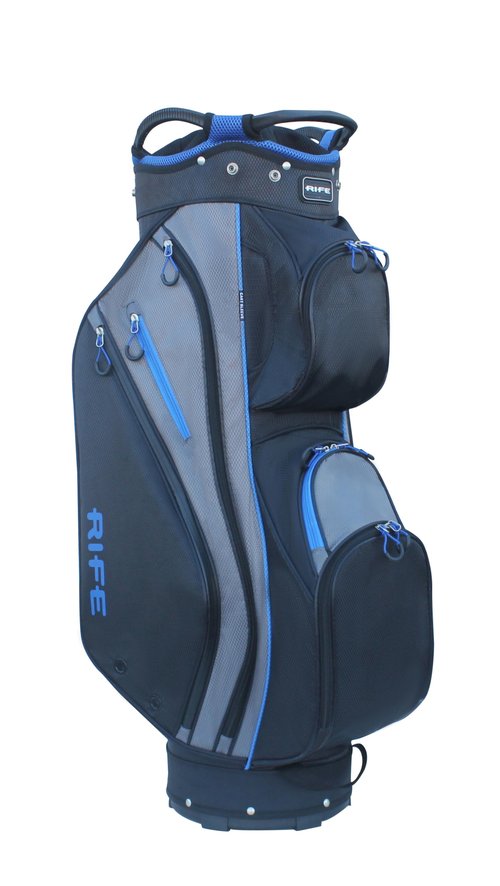 Rife Golf RF-LITE Cart Bag – 14-Way Divider Top with Putter Pit, 9.5" Lightweight Nylon Bag, 9 Zippered Pockets, Insulated Cooler Pocket, Black and Blue