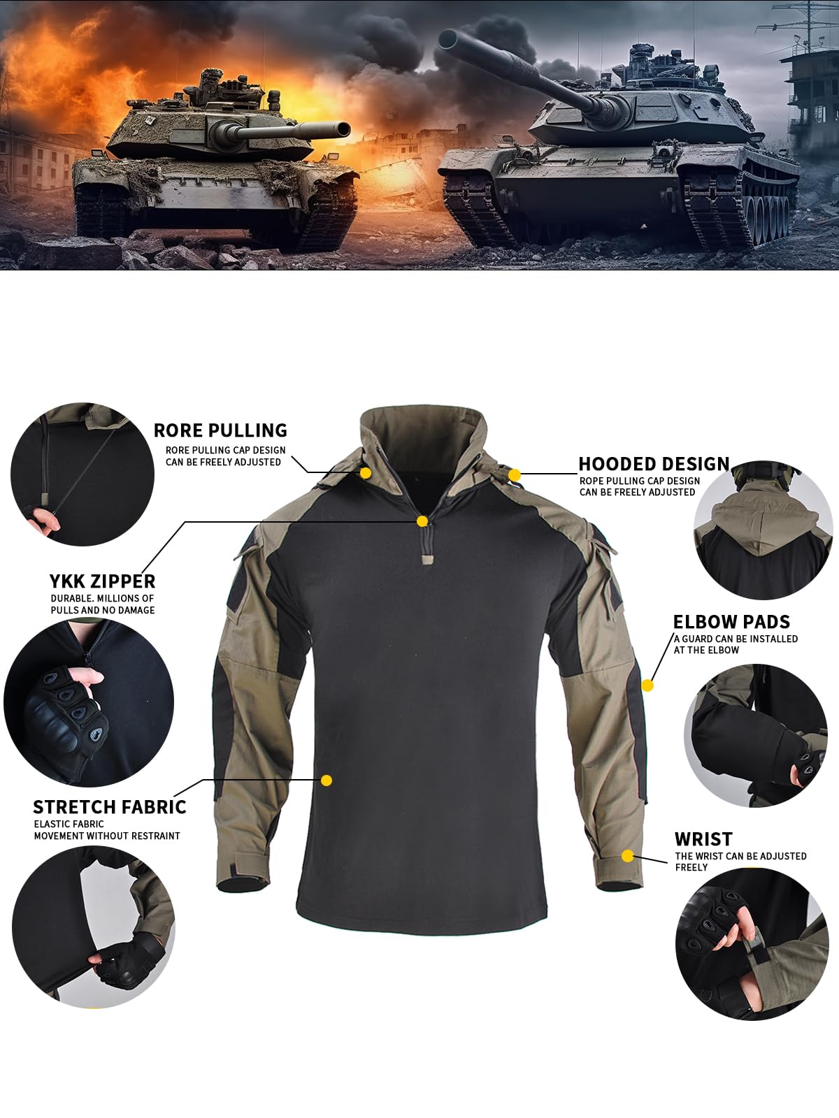 HAN·WILD Men's Tactical Shirt 1/4 Zip Long Sleeve Combat Airsoft Shirts with Elbow Pads Military T-Shirt with Hood
