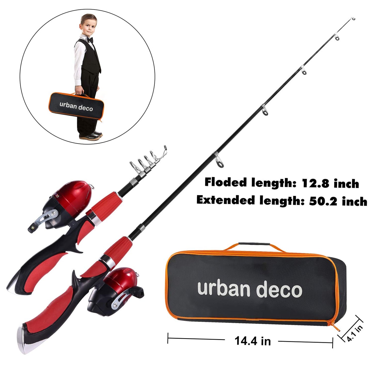 Urban Deco Kids Fishing Pole, Portable Telescopic Rod and Reel Combos Kids Fishing Rod Kit with Tackle Box for Boys,Girls,Youth,Beginner, Starter - Red