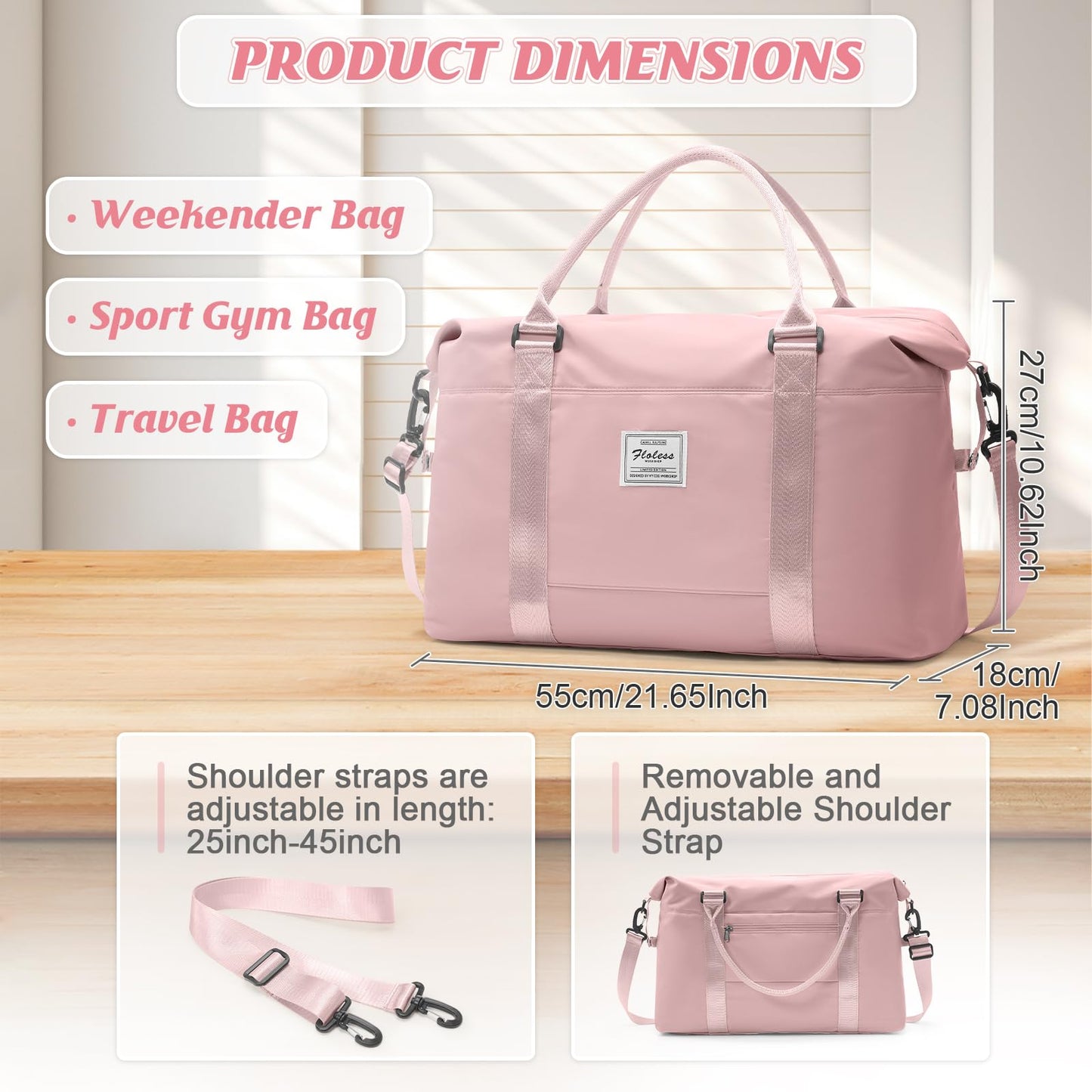 Womens travel bags, weekender carry on for women, sports Gym Bag, workout duffel bag, overnight shoulder Bag fit 15.6 inch Laptop Pink Large