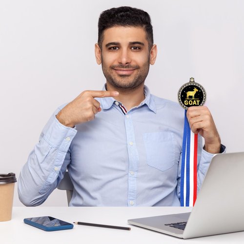 Ferreve 16 Pcs Greatest of All Time Champ Medal with Neck Ribbon Goat Pendant Medal Award Funny Recognition Football MVP Necklace Fantasy Sports Award for Tournament League Champion