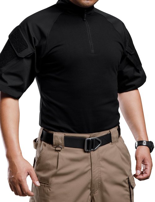 Vzteek Men's Combat Tactical Shirt Military-Airsoft-Paintball-Camping Gear Army Security Clothes with 2 Pockets(BK T-Shirt/2 Pockets,L)