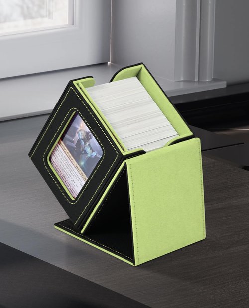 MTG Card Deck Box with Commander Window Display, Leather Magnetic Card Storage Box Holds 100 Double-Sleeved Cards Suitable for TCG/CCG/PTCG/EDH/Magic/Sport Cards(Black&Green)