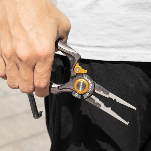 TRUSCEND Lockable Handy Fishing Pliers with Innovative Ergonomical Handle, Corrosion Saltwater Resistant Teflon Coated Fishing Tool, Multi-Function Fishing Gear with Mo-V Cutter, Fishing Gifts for Men