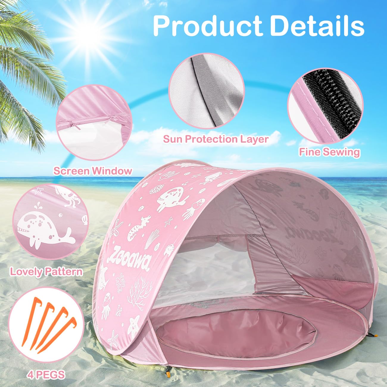 Zooawa Baby Beach Tent, Pop Up Beach Tent Sun Shade, Portable Shade Pool UV Protection Sun Shelter for Infant with Sand Toys Set, Light Pink