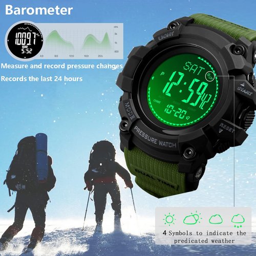 AOSLSI Watch Compass, Altimeter Barometer Thermometer Temperature, Pedometer, Military Army Waterproof Outdoors Sport Digital Watch for Men