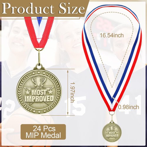 Loetere 24 Pcs Most Improved Medals Bulk 2'' Most Improved Player MIP Award Medals with Neck Ribbons Trophy Award Prize Gift for Volleyball Soccer Football Sports Events Games Competition Talent Show