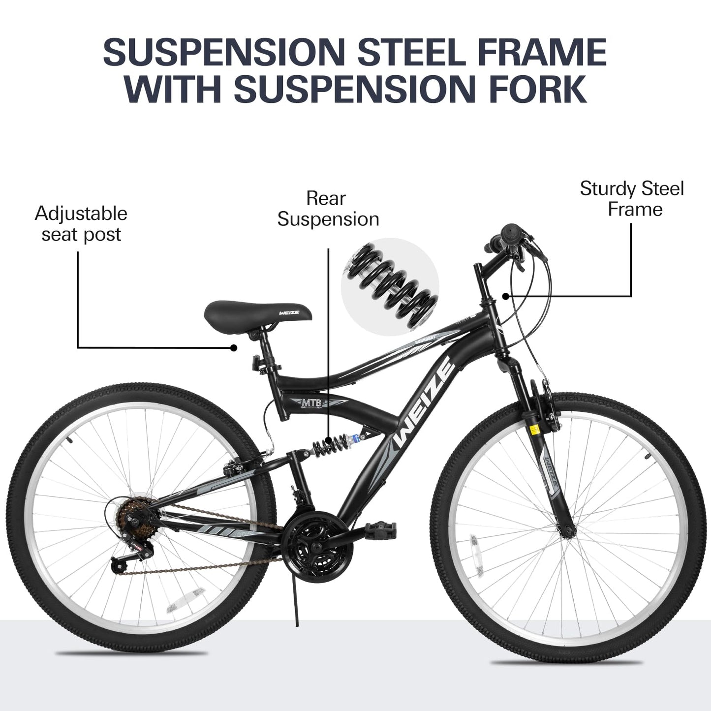 WEIZE Mountain Bike, 27.5 inch Outdoor Cycling Bike, 18-Speed/High-Carbon Steel/Dual Full Suspension, Adjustable Ergonomic Seat for Men Women Adult, MTB Bicycle with Suspension Fork, Matte Black