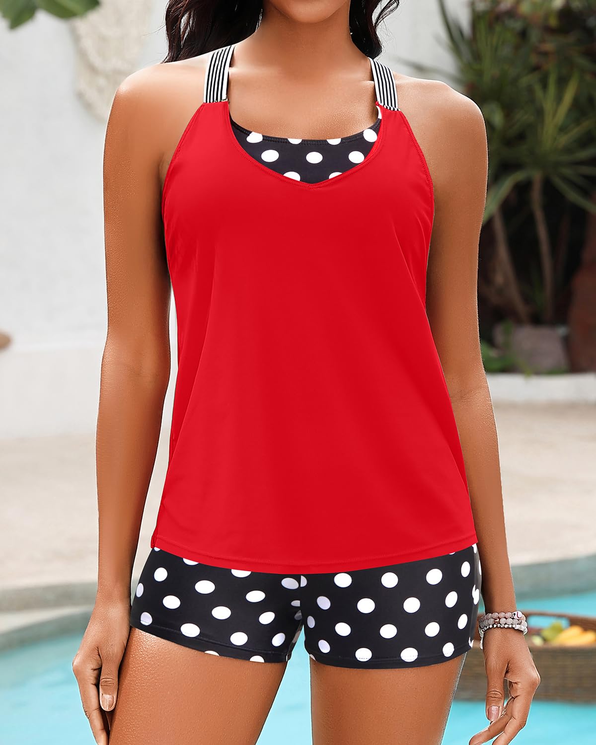 Daci Red and Dot Athletic Tankini Swimsuits for Women-2025 Bathing Suits 2 Piece Swimwear with Shorts for Tummy Control S