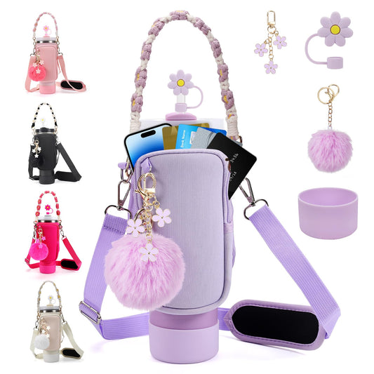 3tyto Stanley Cup Accessories Set Including Water Bottle Holder With Strap,Straw Cover,Stanley Charms,Silicone Boot for Stanley 40oz 30oz Tumbler (Purple)