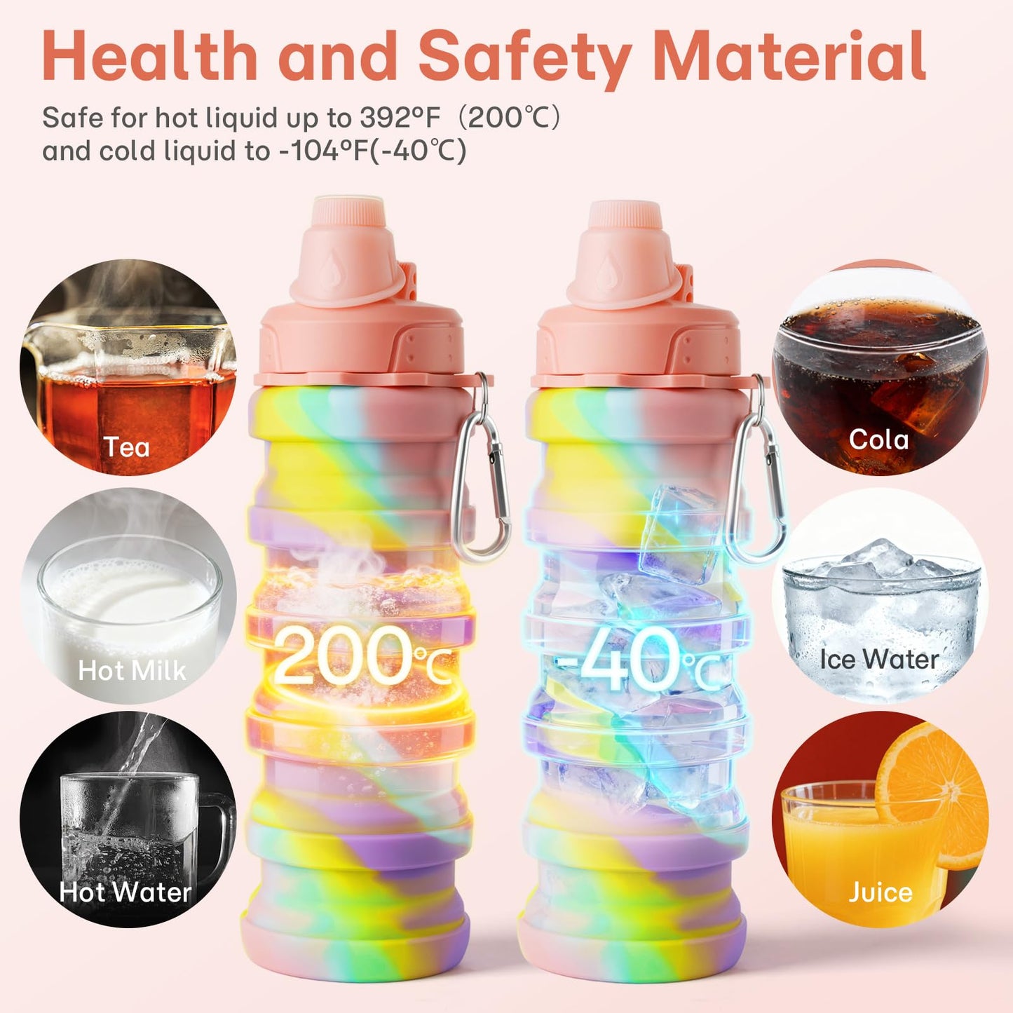 MAKERSLAND Collapsible Water Bottles for Travel, Foldable Sports Water Bottle for Kids, Reusable Water-proof Silicone Water Bottles with mountaineering Buckle for Camping Hiking Holiday