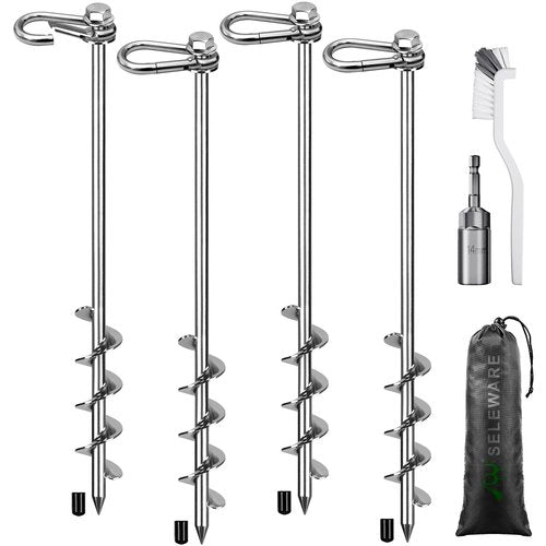 SELEWARE Trampoline Anchors 4 Pack, 17" Heavy Duty Ground Anchors, Rust-Resistant Trampoline Stakes Anchors, High Wind Spiral Earth Anchors for Trampolines, Camping Tents, Sheds, Carports, Swing Sets