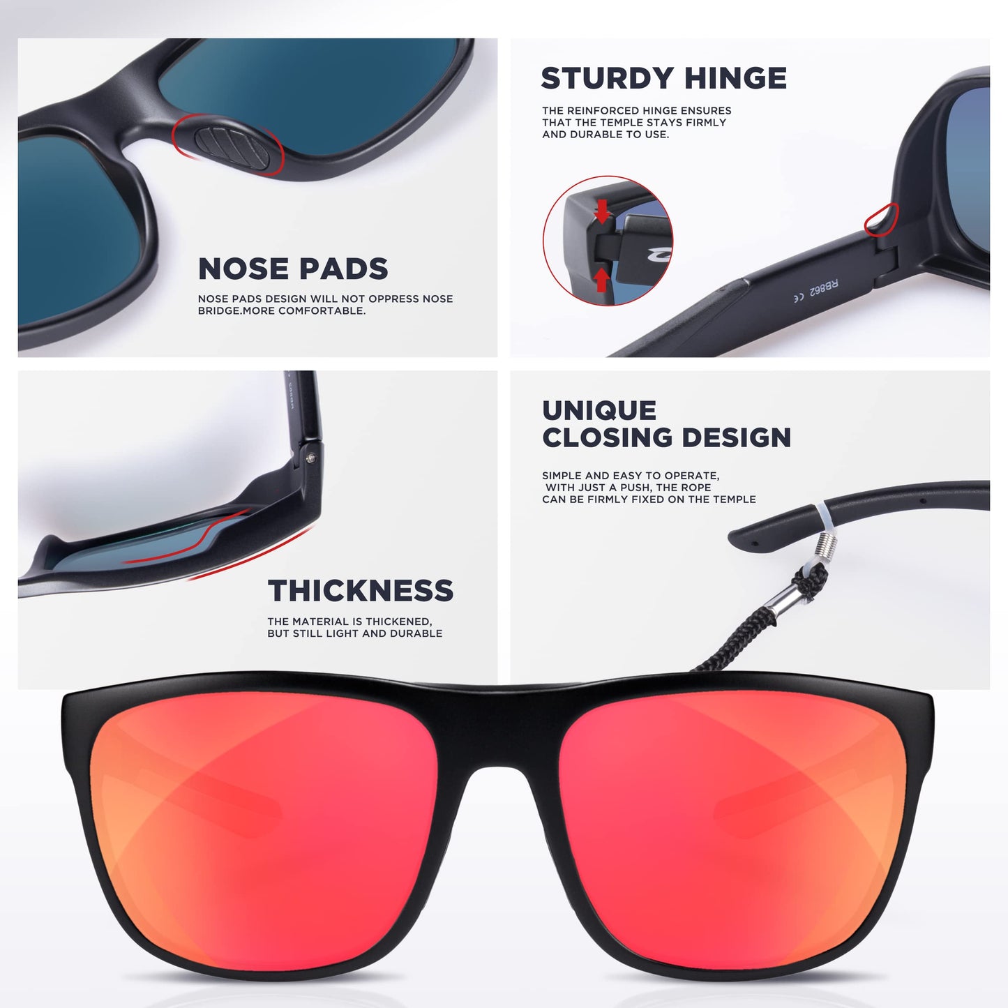 RIVBOS Womens Sunglasses Polarized TR90 Unbreakable Frame Sports Driving Fishing Cycling RB862-Black Ice Red Lens