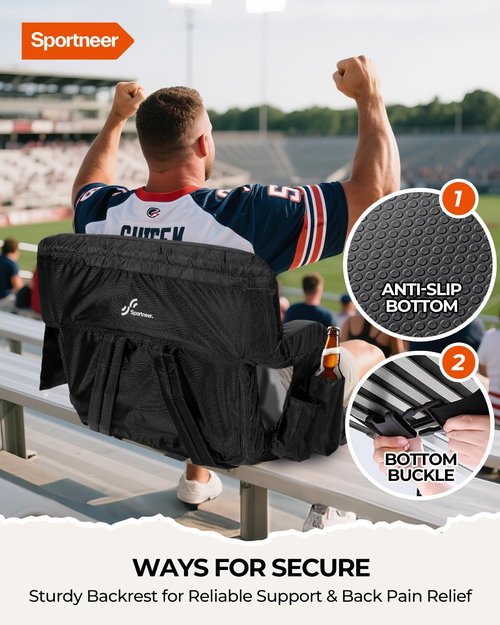 Sportneer Bleacher Chairs with Back and Cushion: 2.5'' Thick Comfy Cushion 24'' Extra Wide Stadium Seats with Armrest, 6 Adjustable Angle Bleacher Seat for Sport Events Concerts Parks Camping Fishing