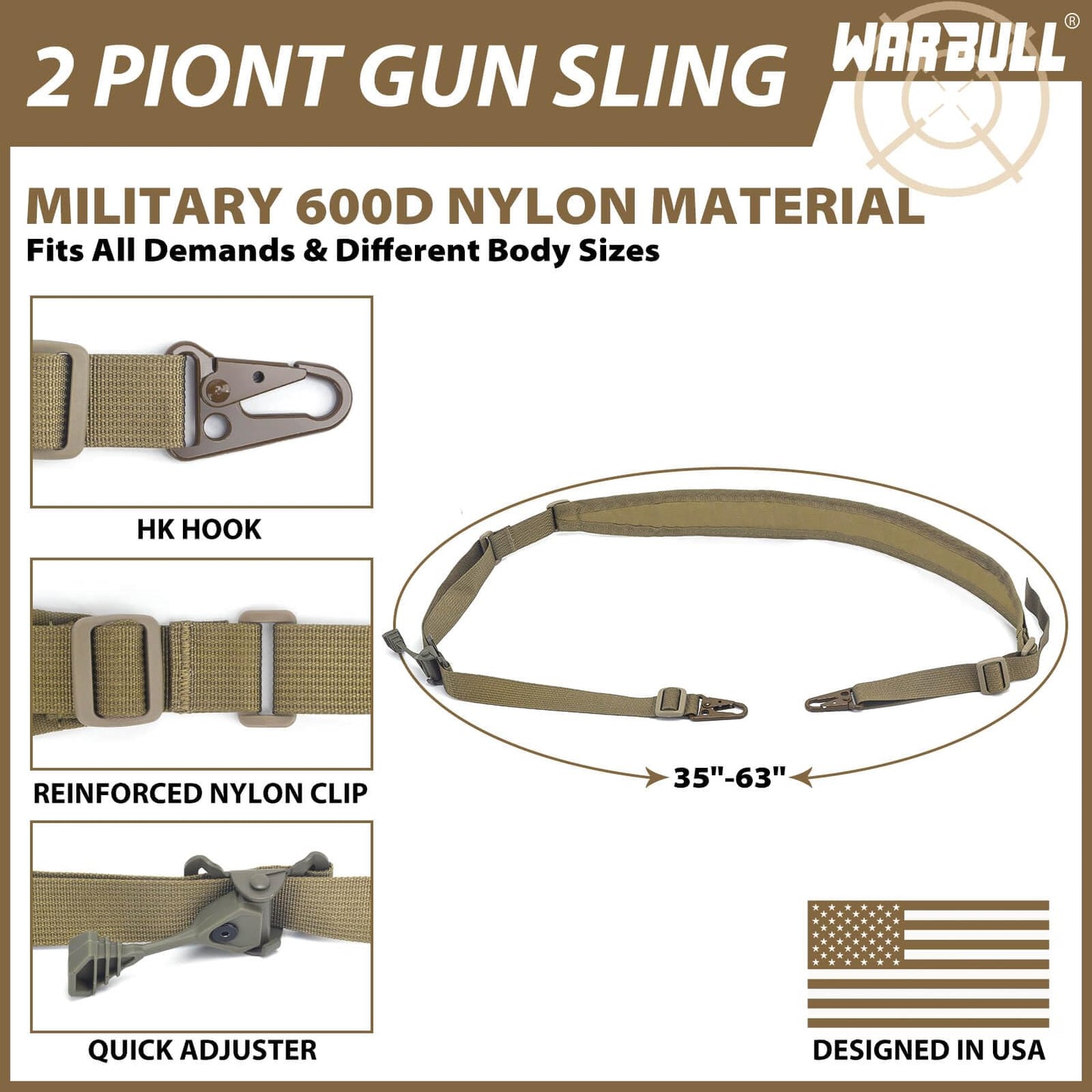 WarBull Padded 2 Point Sling, QD Swivel 2 Point Sling with HK Hook, Tactical Gun Sling for Rifle, Shotgun, and Crossbow, Ideal Gift for Hunter, Shooting (Coyote Brown)