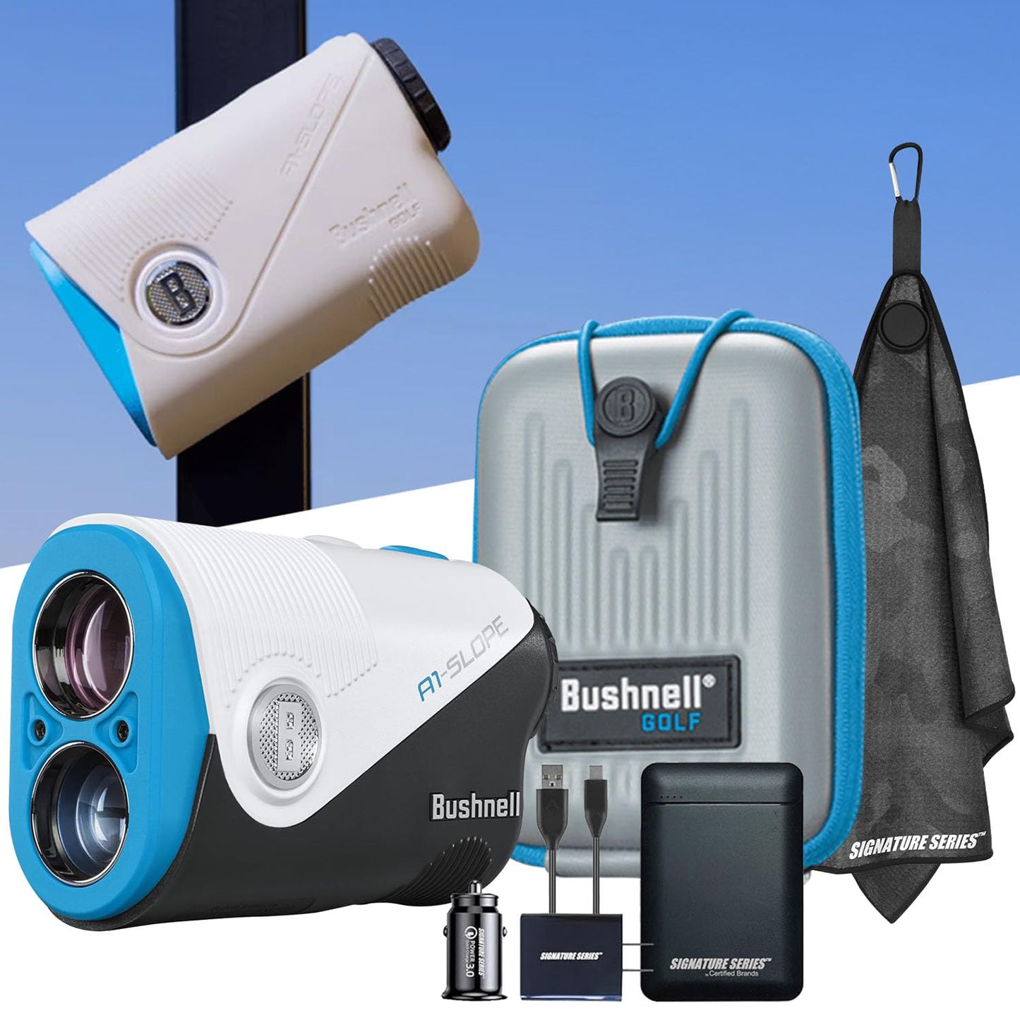 Bushnell Golf A1-Slope Ultra-Compact Laser Rangefinder | Slope Compensation, Magnetic Skin, PinSeeker, 6X Magnification, 1300 Yard Range, LCD Display, Signature Series Power Bundle
