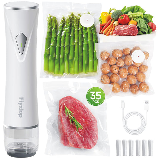Fiyxlop Vacuum Sealer for Food, Premium Handheld Vacuum Sealer + 35 Reusable Vacuum Bags, Powerful Vacuum Food Sealer for Kitchen, Home, BBQ, Travel, Gifts, Seal Food 6X Fresh Longer