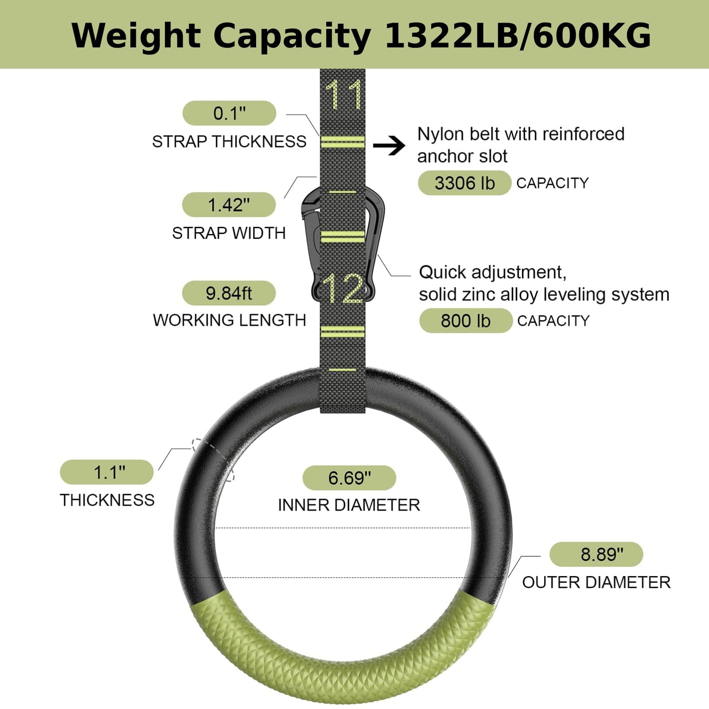 QUOLIX Gymnastic Rings & Olympic Rings with Adjustable Straps, Non-Slip Pull Up Rings with Straps, 1300lbs Exercise Rings for Men Women, Gymnastics Rings for Home Gym, Workout, Exercise, Calisthenic