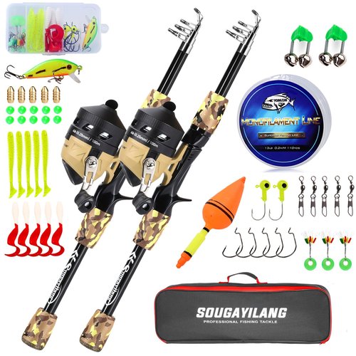 Sougayilang 2 Packs Kids Fishing Rod and Reel Combo,Light Weight Fishing Pole with Spincast Fishing Reel Tackle Bag Lures for Youth,Girls and Boys Good Starter Fishing Kit