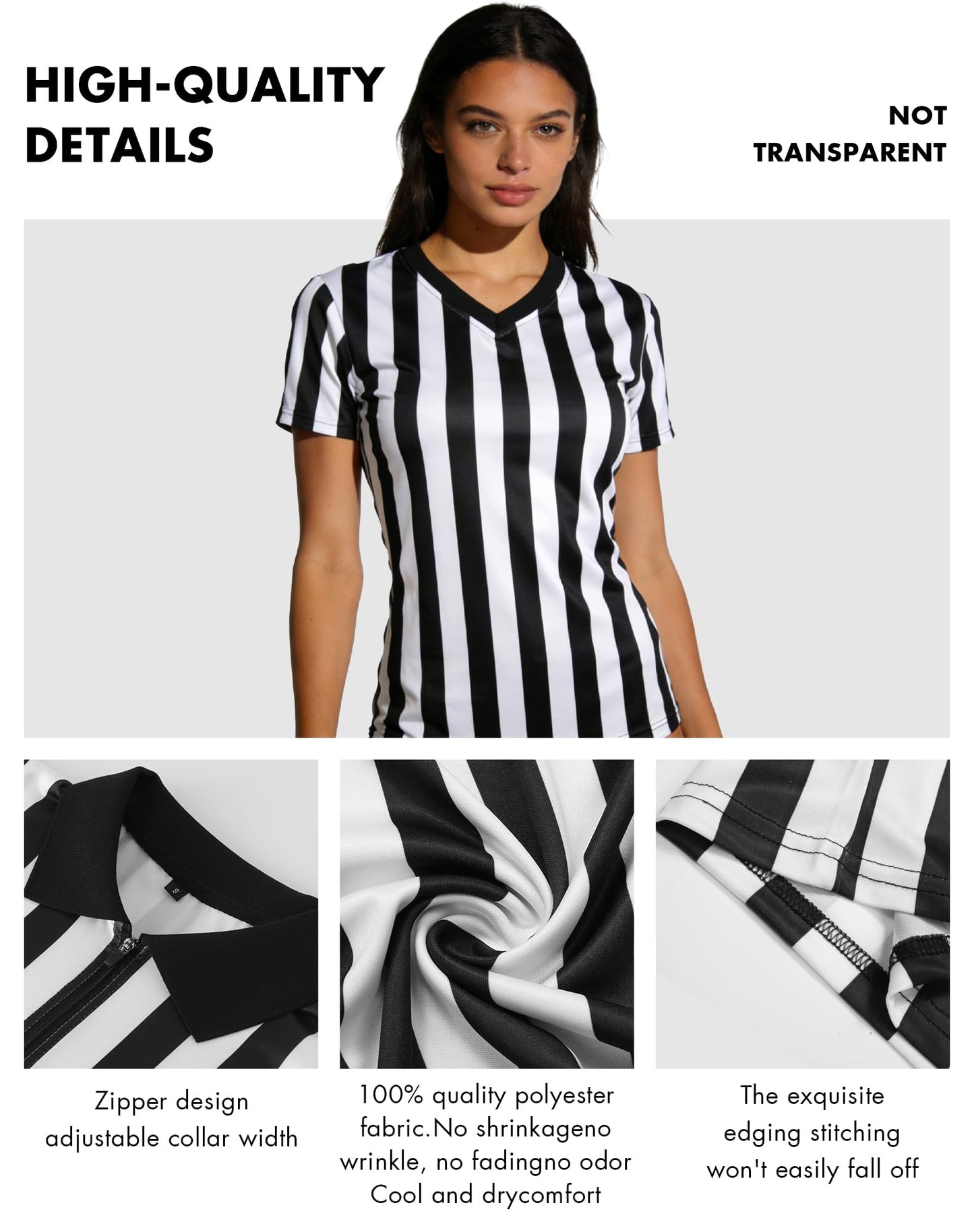 WILLBEFIT Women's Referee Shirt Official Football Basketball V-Neck Ref Jersey for Halloween Costume Umpire Waitress Uniform L