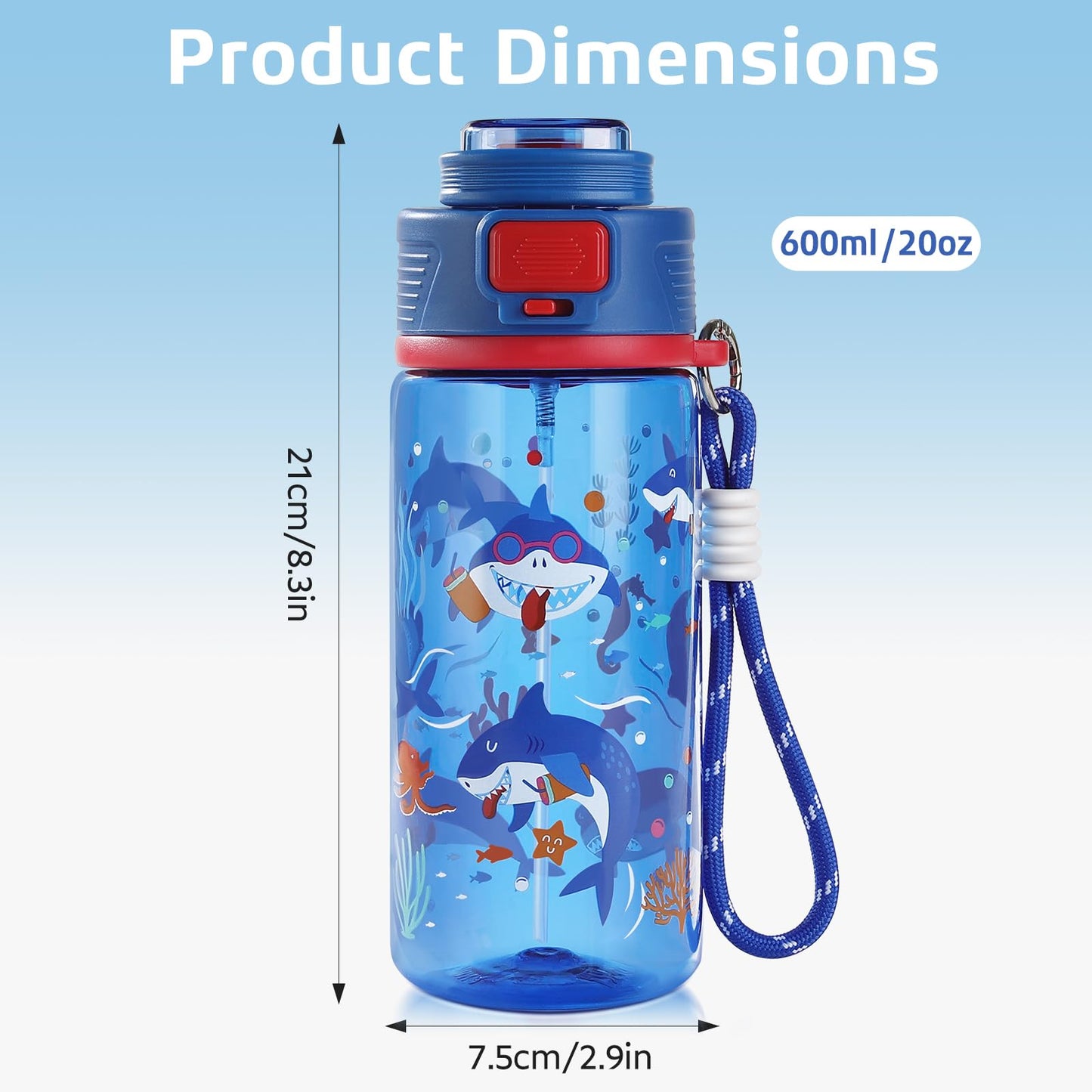 omedecal 20 oz 2-In-2 Mist and Sip Water Bottle for Kids, Shark
