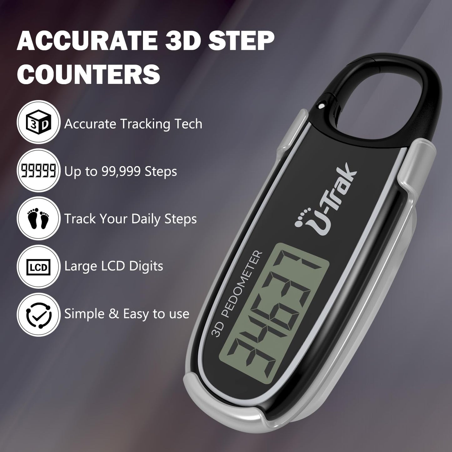 3D Pedometer for Walking with Removable Clip and Carabiner Simple Step Counter for Walking Accurate Clip On Step Tracker for Men Women Kids (Black)