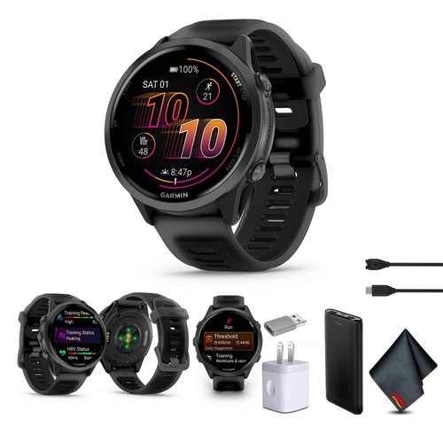 Garmin Forerunner 570 Running Smartwatch, 47MM WiFi, GPS Fitness Smart Watch for Men and Women, Slate Gray Aluminum with Translucent Black/Black Band Bundle with P-Bank + More
