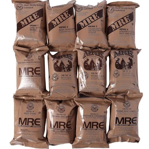 MRE U.S. Meals Ready to Eat (Variety Pack of 12) – (A or B Case Selected at Random) Nutritional Emergency Food Rations - Freeze Dried Food w/ Flameless Heater, Entree, Dessert, & More - MRE Kit for Emergency Survival, Hunting, & More