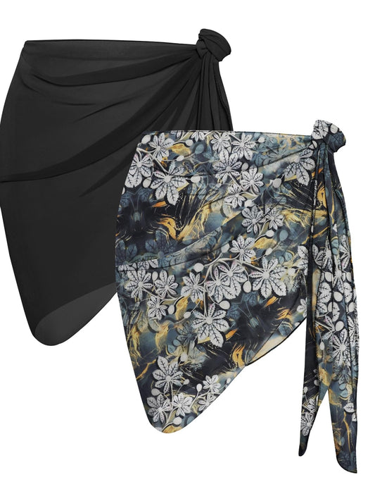 2 Pieces Sarong Cover Ups for Women Beach Bathing Suit Wrap Sheer Short Skirt Bikini Chiffon Scarf for Swimwear (Black, Grey White Flowers)