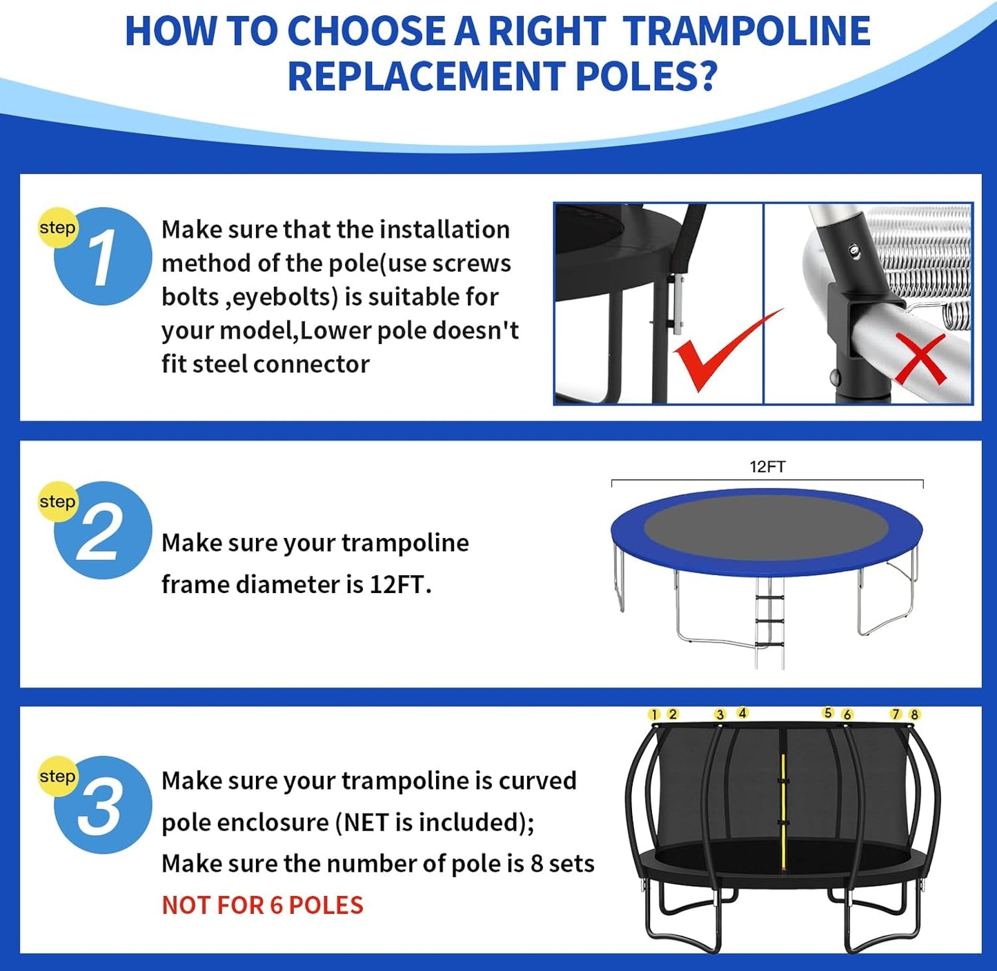 12Ft 8 Trampoline Curved Poles Replacement with Enclosure Net, Trampoline Curved Pole, Plastic T Connector, Fiberglass Rods, Mounting Hardware, Foam Covers