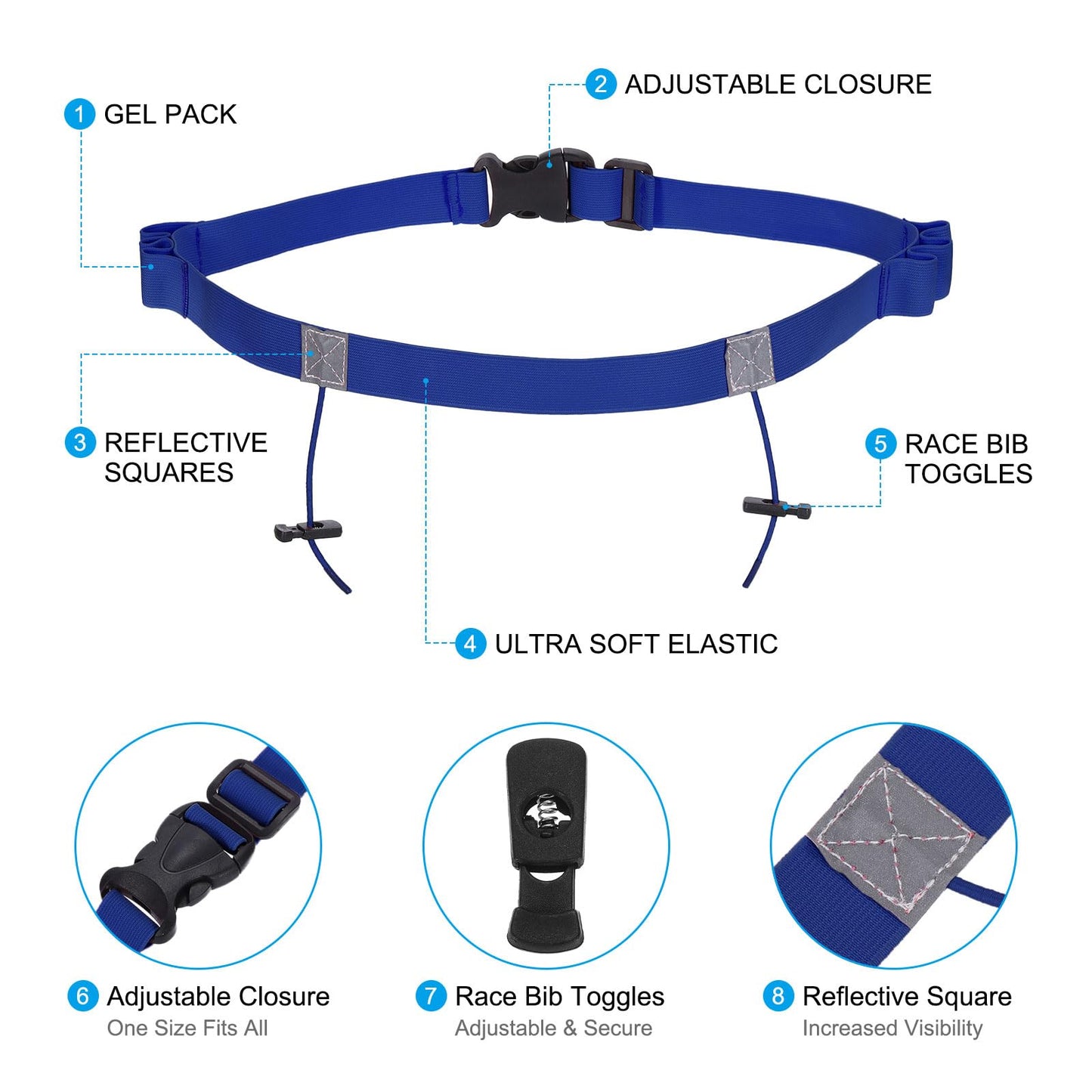 PATIKIL Elastic Triathlon Running Belt, 2 Pack Adjustable Race Number Belt Race Belt Bib Holder with 6 Energy Gel Loops for Marathons Racing Cycling, Blue