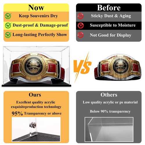 Acrylic Full Szie Championship Belt Display Case Boxing Football Wrestling Championship Belt Display Stand Shadow Boxes Large Clear Collectibles Display Case with Carbon Fiber Skin Base & Belt Stand