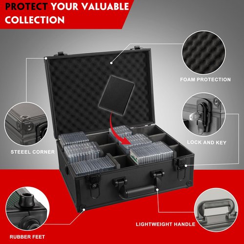 Graded Card Storage Box, Trading Cards Slab Carrying Case, 6 Row Black Hard Sports Cards Holder Boxes with 6 Dividers Fits for PSA BGS SGC Top Loaders Collection