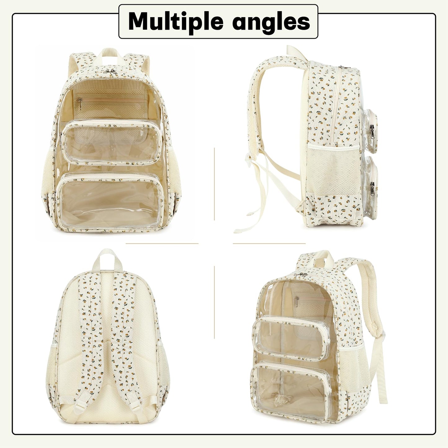 CAMTOP Clear Backpack Heavy Duty Transparent Bag See Through BookBag for Student School Work Festival Sport Travel (Beige Yellow Flowers)