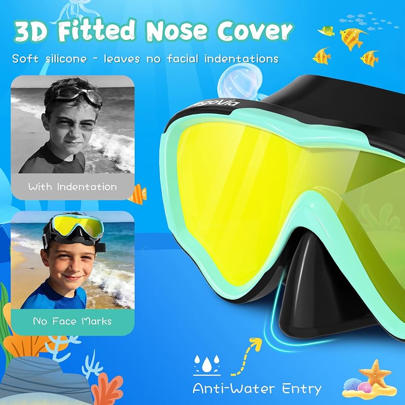 Kids Swim Goggles with Nose Cover - I-Black-Green + Gold Lenses