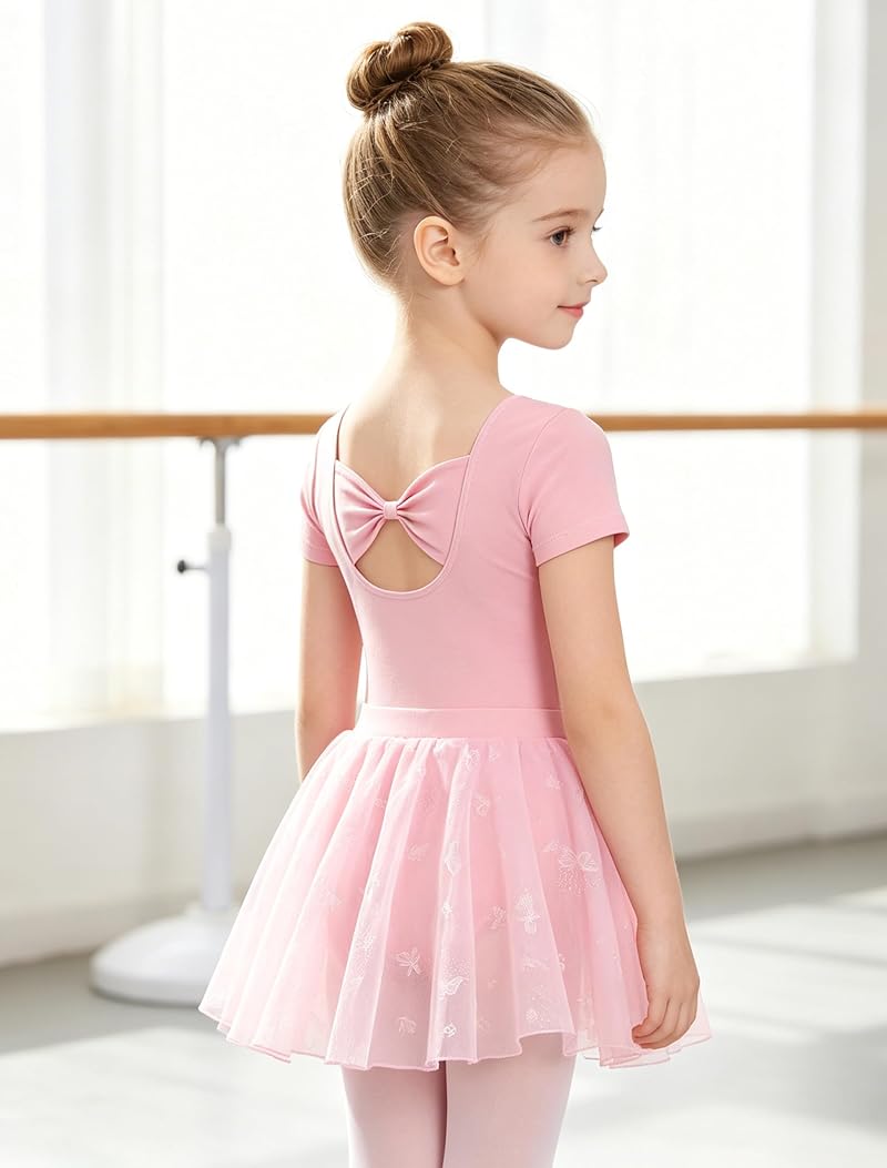 MdnMd Ballet Pink 4-6 Years Toddler Girl Leotard Set with Butterfly Skirt & Bow Back