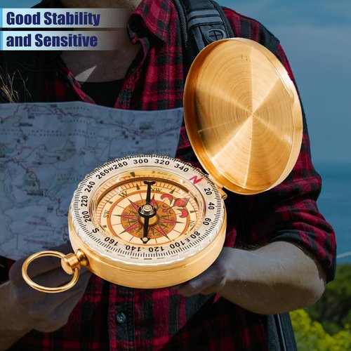 Rovella One Pack Camping Survival Compass, Metal Brass Pocket Compass with Keychain, Glow in The Dark Survival Gear for Hiking Camping Hunting Navigation