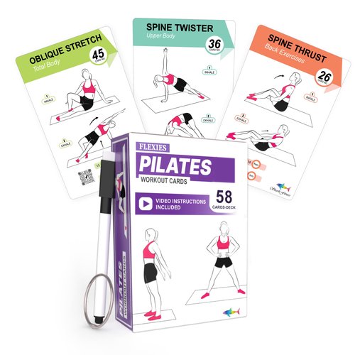 Flexies Pilates Workout Cards - 58 Exercise Cards with Pilates Mat Workout Postures, Video Instructions & Breathing Tips | Free Ring & Dry-Erase Marker to Create at home pilates womens workout planner