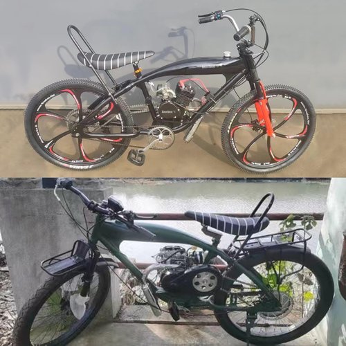Fuel Tank Bike Frame Kit Wheel Fork Kit with 26in 6 Mag Integrated Wheel, Banana Saddle, Tripple Tree Suspension Fork 3.4L Integrated Fuel Tank for 2/4 Stroke Bike Mini-Engine (Black Mid-Frame)