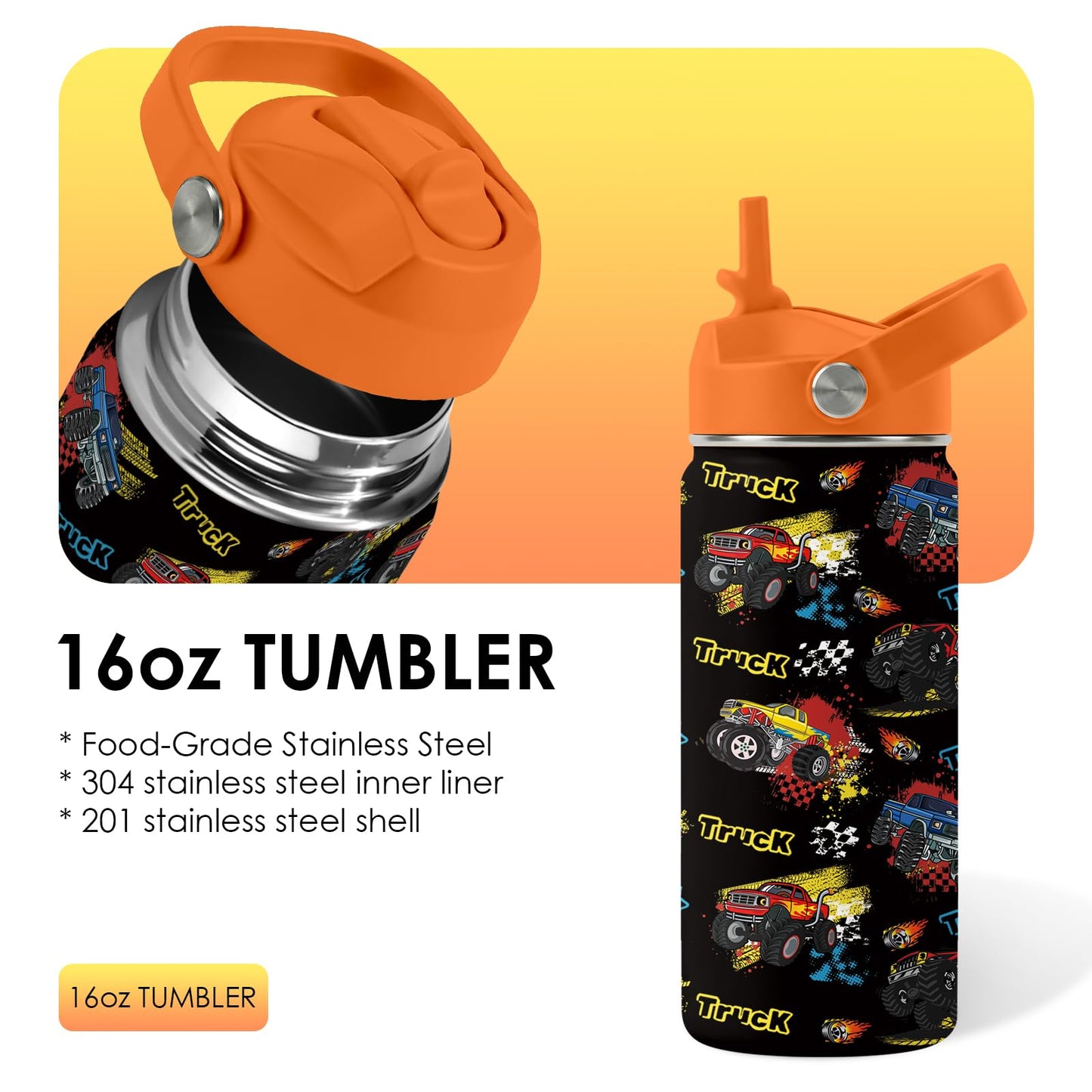 Monster Truck Gifts for Kids, 16oz Boys Water Bottle with Straw Lid, Stainless Steel Insulated Cup, BPA-Free, Leak Proof Kids Water Bottle for Monster Truck Fans, School Travel Birthday Gift (1pc)