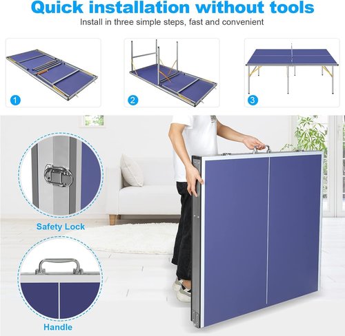 6x3ft Portable Table Tennis, Mid-Size Folding Indoor Outdoor Ping Pong Table Game with Net, 2 Tennis Paddles and 3 Balls for Adults/Teens