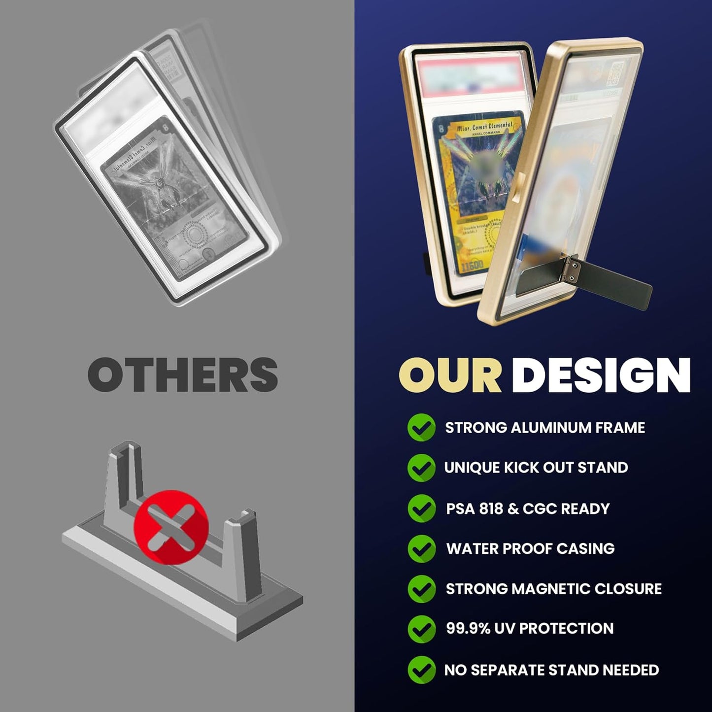 2-in-1 Magnetic Metal Slab Bumper Case for PSA/CGC Slabs with Built-in Stand (Protect + Display) - Soft Gold | Slab Case for PSA | Graded Card Display | Slab Mags for PSA/CGC- Soft Gold