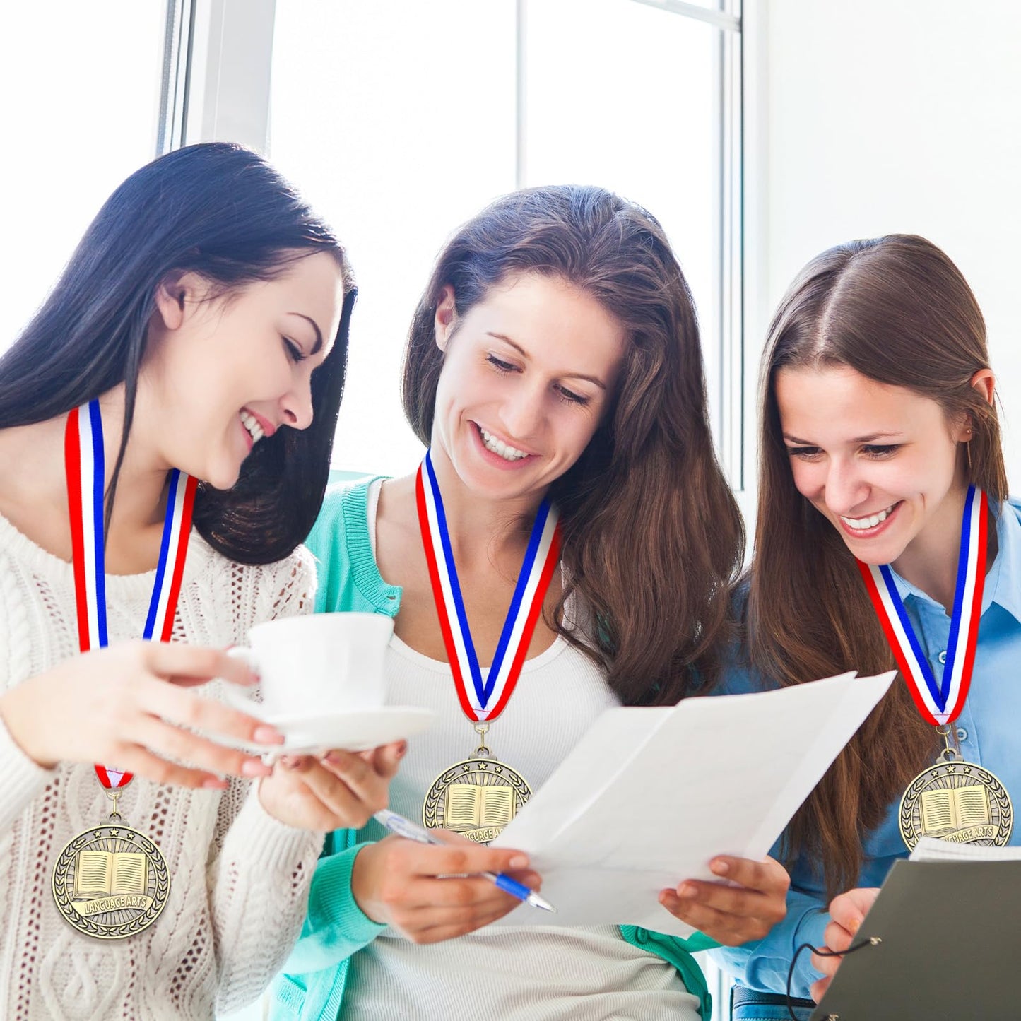 Quelay 30 Pcs 2'' Award Medals Bulk Gold Winner Medals with Neck Ribbons Metal Trophy Award Prize Gift for Tournaments, Competitions, Party, Kids and Adults(Language Arts)