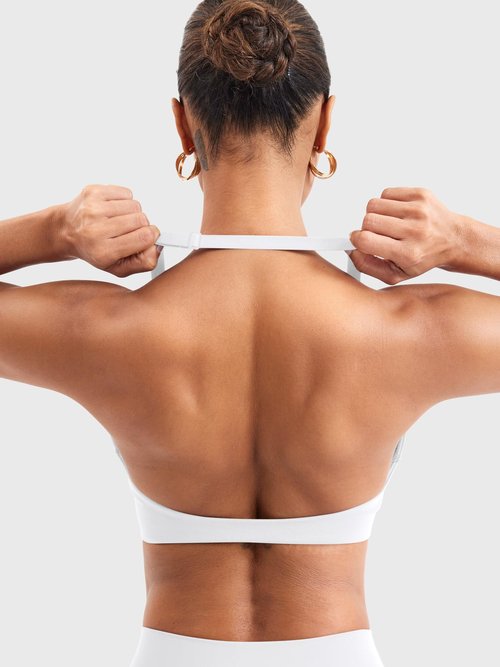 YEOREO Halter Sports Bras for Women Low Impact Removable Padded Adgustable Front Twist Deep V Bra Seamless Workout Gym Crop Tops White M