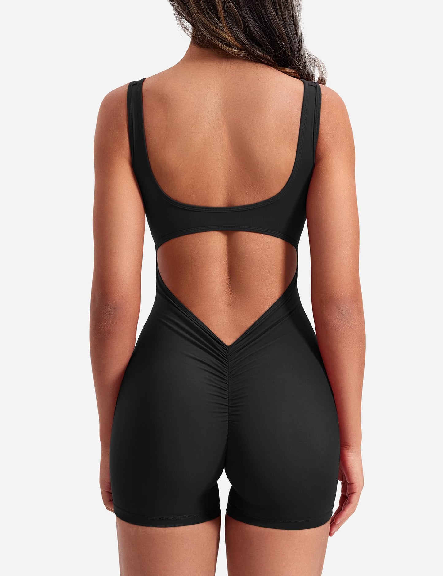 YEOREO One Piece Workout Jumpsuits for Women Backless Tummy Control Sleeveless Jumpsuits Lizvette V Back Scrunch Yoga Romper Black M