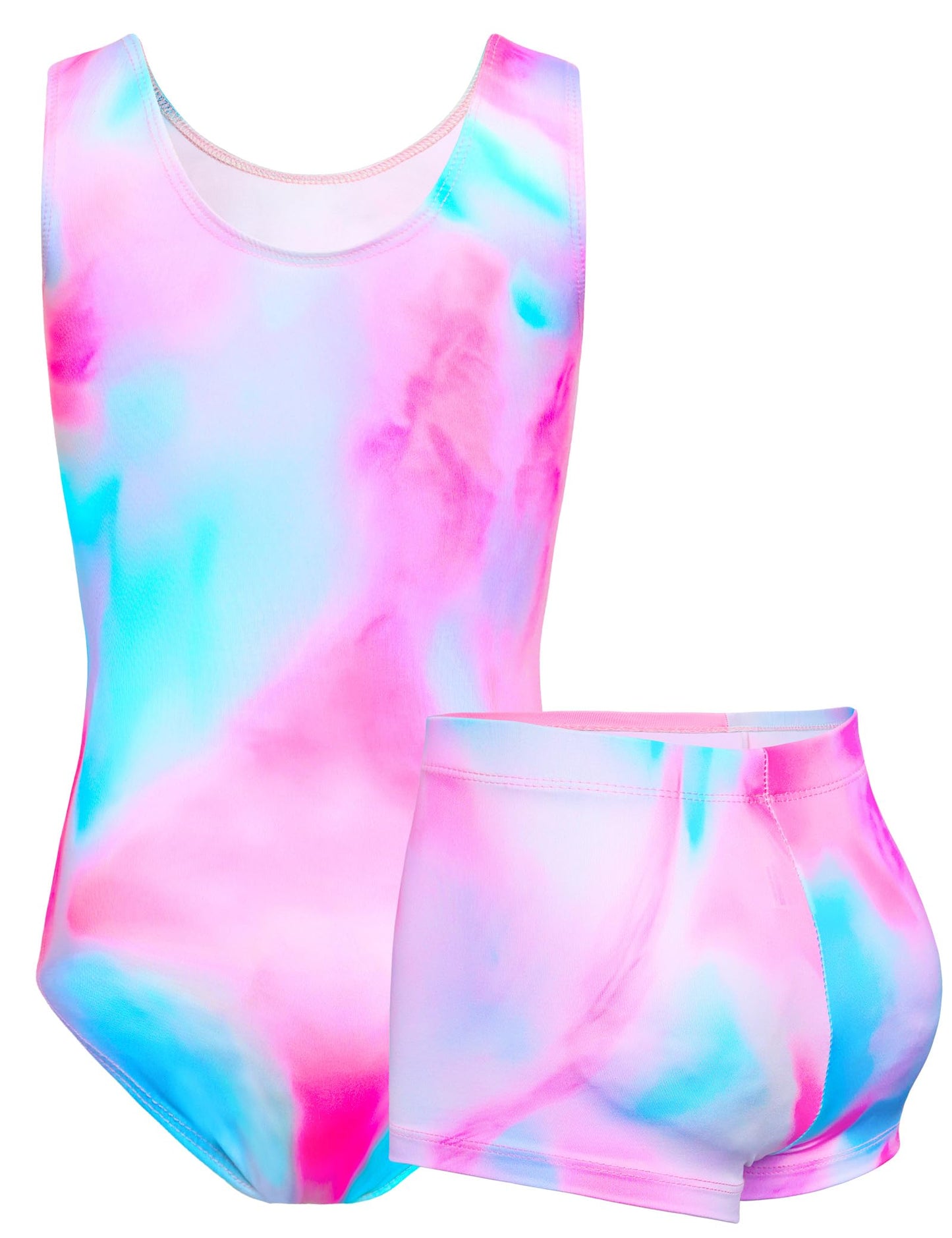 TENVDA Girls Leotards for Gymnastics 10-12 Years Old Pink Blue Tie Dye Tumbling Outfit Matching Shorts Sets Kids Bodysuits
