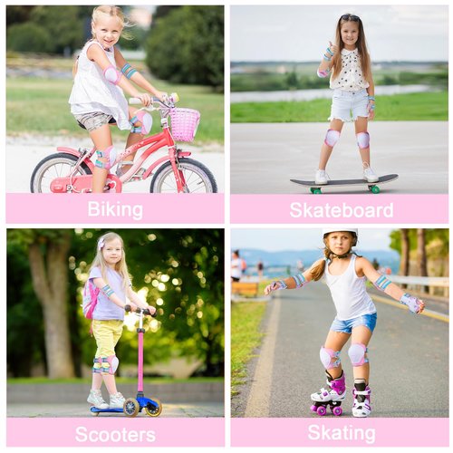 FIODAY Kids Knee and Elbow Pads Wrist Guards Adjustable Protective Gear Set for Girls Boys Inline Skating Biking Skateboard Scooter, Pink, 3-8 Years