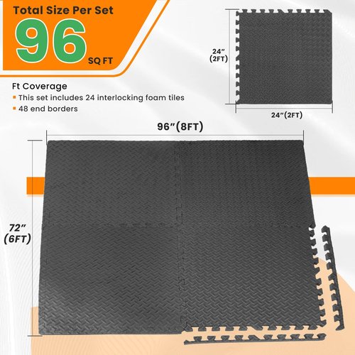 Puzzle Exercise Mat 3/4 Inch Thick, Foam Interlocking Floor Mats 24 X 24 Inch Tiles, Eva Foam Flooring for Home Gym, Fitness Garage, Exercise Equipment Mat 96 Sq. Ft, Black