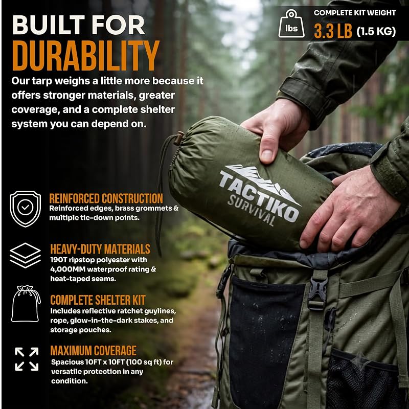 10x10 Ft Waterproof Camping Tarp Shelter for Backpacking & Hiking