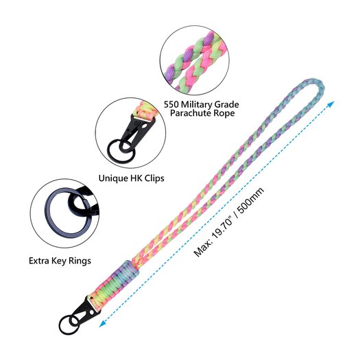 LAREDTREE Heavy Duty Paracord Lanyard Keychain, Paracord Necklace Cell Phone Keychain Whistles Wrist Braided Strap for Men Women Outdoor Activities, Camera, Traveling(Bright Rainbow)